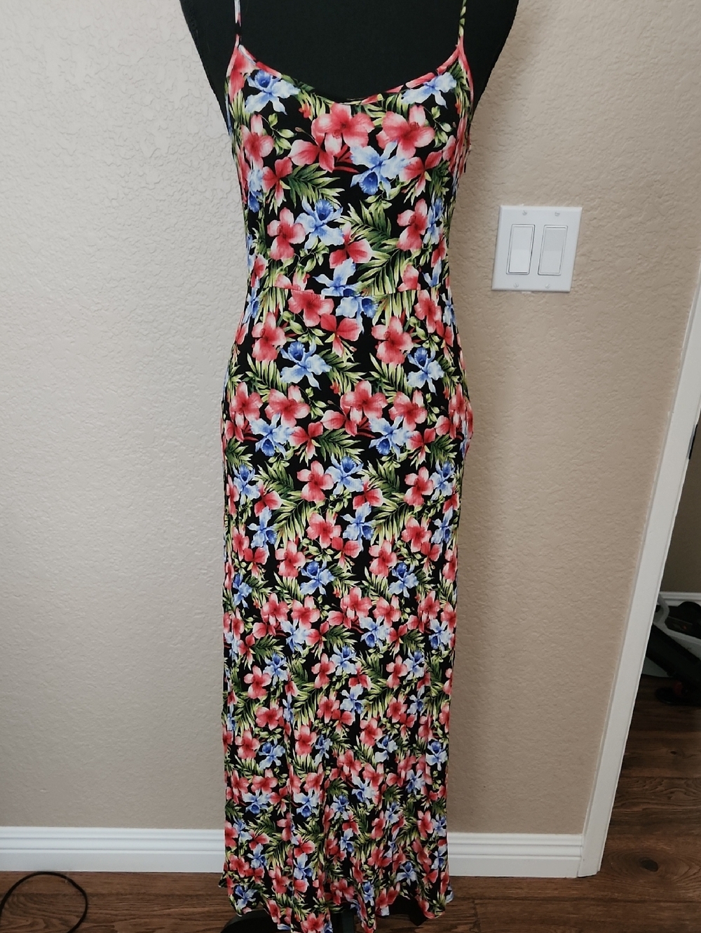 Forever 21 Black Floral  Spaghetti-Strap Maxi Dress with Pink & Blue Blooms